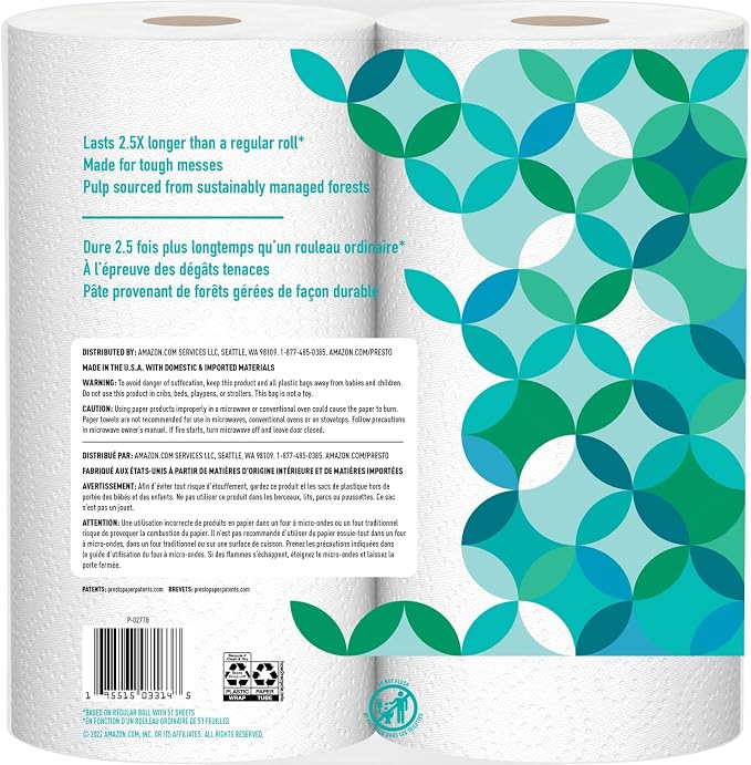 Amazon Brand - Presto! 2-Ply Paper Towels, Strong and Absorbent, Flex-a-Size, Kitchen Multipurpose, 128 Sheets, 6 Rolls (3 Packs of 2), White