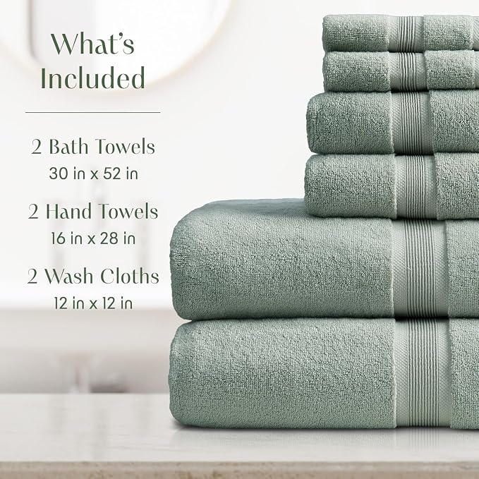 Springtree Home Luxury Bamboo Rayon Bath Towel Set | 6-Piece | Eucalyptus | 35% Bamboo Rayon - 65% Zero Twist Cotton | Absorbent Quick-Dry Towels for Bathroom | Ultra Soft | OEKO-TEX Standard 100