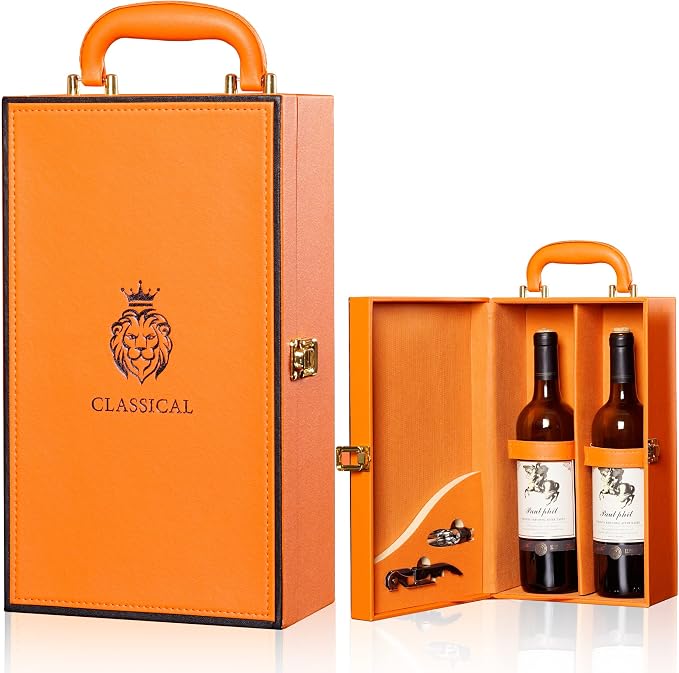 Wine Box with 2 Bottle Leatherette Top Handle Premium Wine Carrier Case Orange