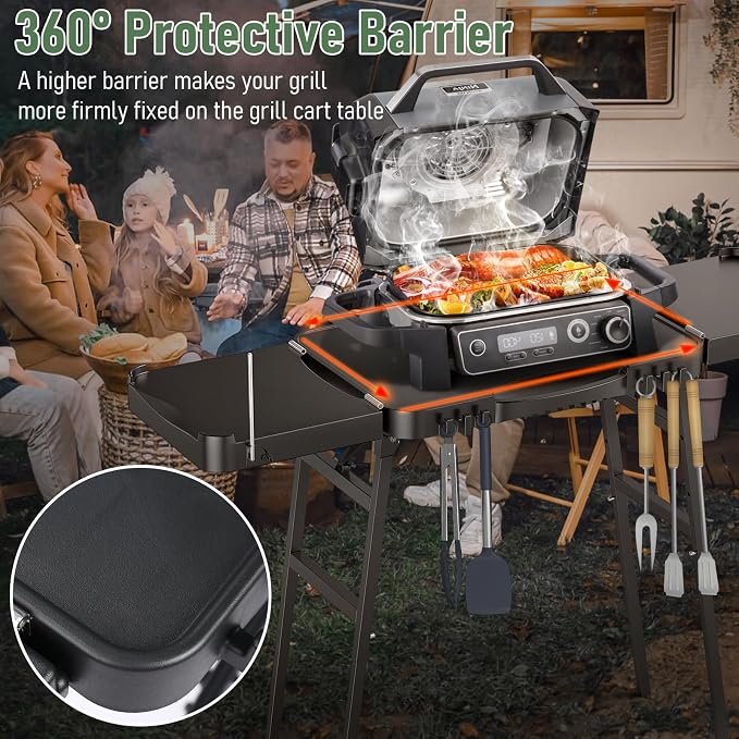 Pizza Oven Table Compatible with Ninja Woodfire | 51 x 17 in tabletop, adjustable-height frame, raised guardrail, for Blackstone griddles