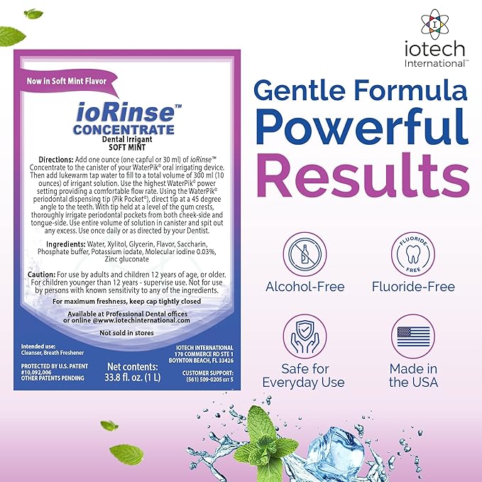 ioRinse Concentrated Irrigant with Active Molecular Iodine, Alcohol-Free Dental Irrigant, use with Water Flossers, and All Other Oral Irrigation Devices - Soft Mint - 33.8 oz