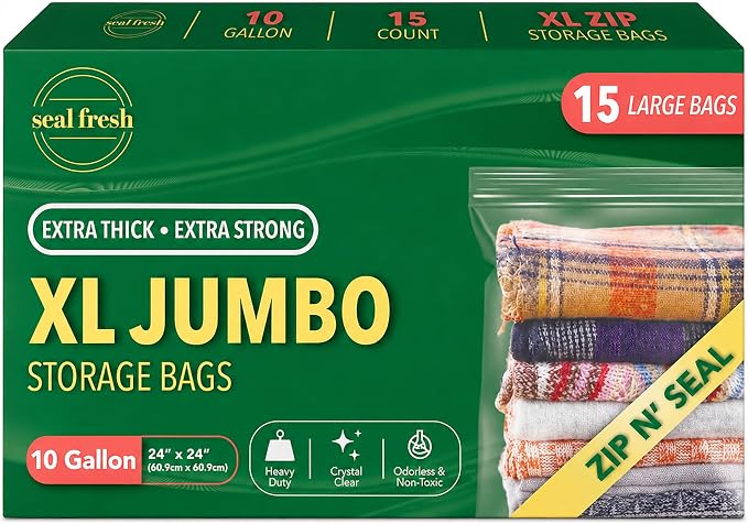 Seal Fresh 10 Gallon Large Plastic Storage Bags – 24" x 24" (15 Count) – Reusable XXL Extra Large Clear Jumbo Zip Bags with Sealable Zipper Top For Clothes, Travel, Moving