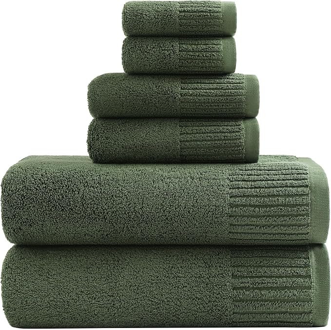 YTYC 27.5x55 Bath Towels Set,100% Cotton,650GSM,Olive Green,6-Pieces | Ultra Soft,Highly Absorbent, 2 Bathroom Towels,2 Hand Towels, 2 Washcloths, Towels for Bathroom, Gym, Spa,Pool