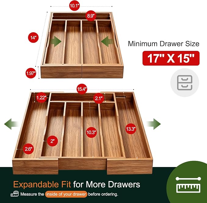 Expandable Acacia Kitchen Drawer Organizer for Cutlery and Utensils, Adjustable Acacia Wood Cutlery Tray in Drawer for Flatware and Silverware in Kitchen