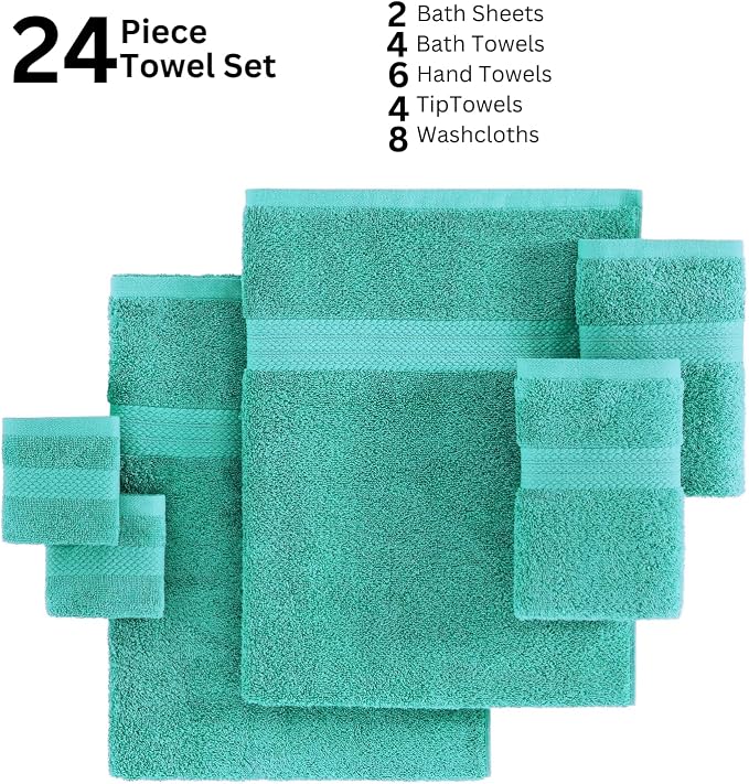 LANE LINEN 24 PCs 100% Cotton Bath Towels Set - Quick Dry, Ultra Soft & Ultra Absorbent - 4 Bath, 4 Fingertip, 6 Hand Towels, 8 Washcloths, 2 Bath Sheets - Home & Guest Bathroom Towels - Teal | Dorm Towel Set - Terry Weave Comfort, Soft & Long-Lasting,...