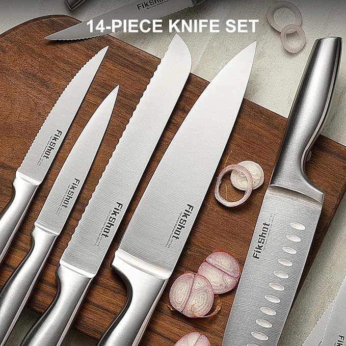 FIKSHOT 14 Pieces Knife Block Set German Stainless Steel with Sharpener | Razor-Sharp Santoku Knives, Fruit & Kitchen Knives, Rust Resistant for Homecooks, BBQ Prep (Silver + Walnut)