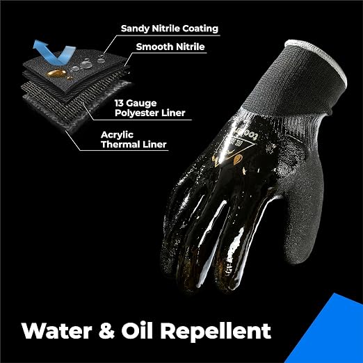 toolant Waterproof Winter Work Gloves, Double Nitrile Oil Resistant Grip | Thermal Insulation, Waterproof Protection in Freezer Work, Construction, Mechanics, Mining, Plumbing, Black, Medium