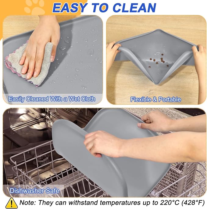 SMILOOL Waterproof Silicone Pet Food Mat with Raised Edge for Dog & Cat | 24" x 16" Non-Slip Pet Feeding Mats with Lip for Food & Water Bowl, Food Grade, Easy Cleaning, Light Gray