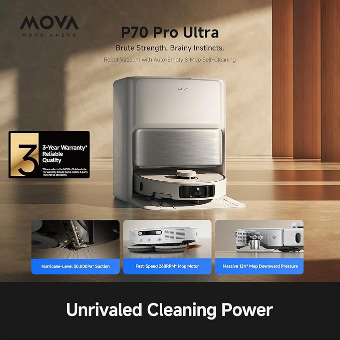 Mova P70 Pro Ultra Robot Vacuum and Mop, 30,000Pa Suction, 212℉ Hot Water Mop Self-Cleaning & 1-Hour Fast Drying, Corner-to-Edge Deep Cleaning, Auto-Empty Dock, AI Object Recognition, White