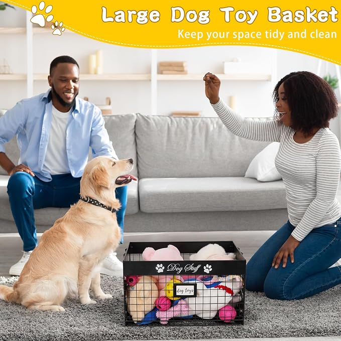 Bfttlity Dog Toy Basket - Large Dog Toy Box with Handles and Label Position Design for Living Room, Metal Dog Toy Bin Storage for Dogs Chew Pets Toys, Blankets, Clothes, Food (Black)