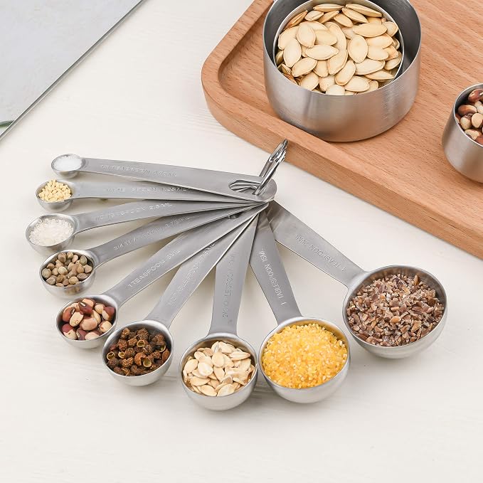 Measuring Cups Set, 18/8 Stainless Steel Measuring Cups and Spoons Set, 8 Kitchen Measuring cups & 9 Baking Measuring Spoons & Magnetic Conversion Chart&Leveler&Rings-Metal Measure Cups&Spoons