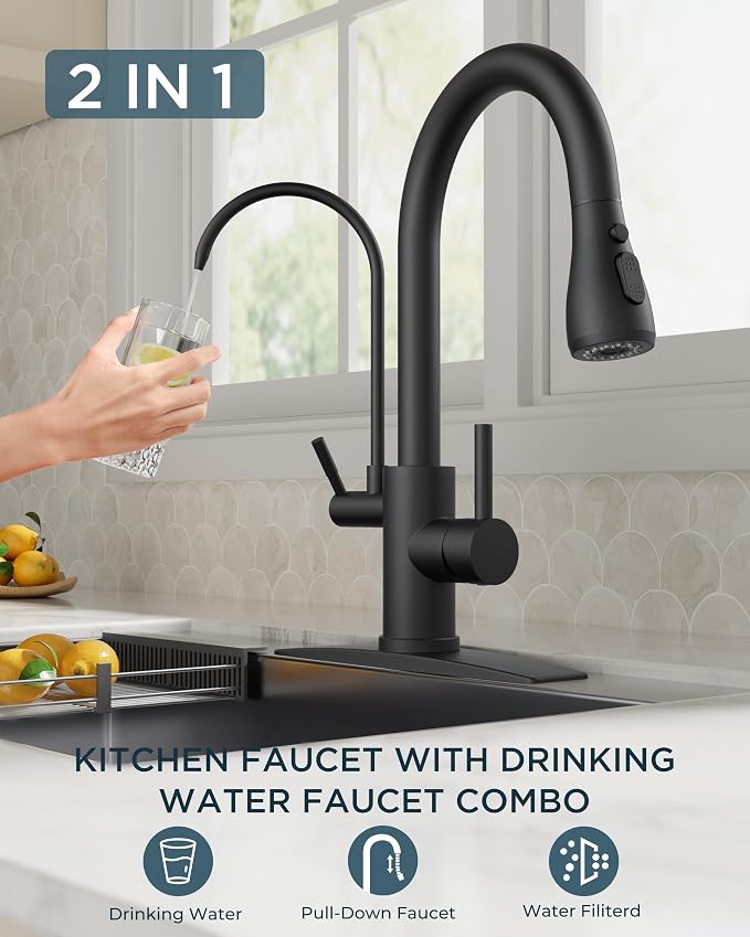 FORIOUS Black Kitchen Faucets with Water Filter, 2 in 1 Stainless Steel Pull Down Sink Faucet and Purified Water Faucet Rustic High Arc Single Handle with Detachable Deck for 1 or 3 Hole