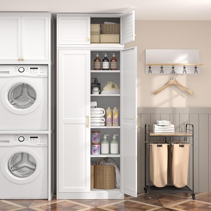 Steeloong 86"Metal Pantry Storage Cabinet with Doors & 4 Adjustable Shelves | Kitchen Pantry Cabinet,White Kitchen Cabinet with 4 Gold Handles,Tall Cabinet for Livingroom,Pantry, Bathroom,Kitchen,Garage