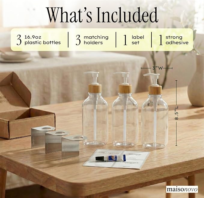 Shampoo and Conditioner Dispenser Wall Mounted Set of 3 Clear Bamboo - No Drill Shower Soap Dispenser for Bathroom Refillable - Spa Hotel Style Accessories by MaisoNovo | 500 ml Shower Gel Dispenser Set of 3. Refillable Shampoo and Conditioner Bottles....