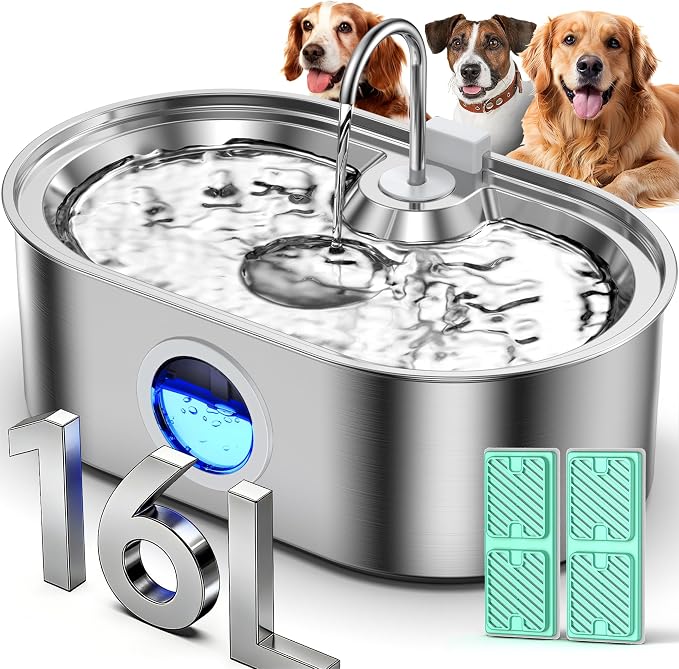 4.2Gal Extra Large Dog Water Fountain, 16L Stainless Steel Pet Water Fountain for Large Dogs, No Spill Dog Water Bowl Dispenser with Deeper Wider Bowl, 68-Cup Water Tank for Multi-Pet