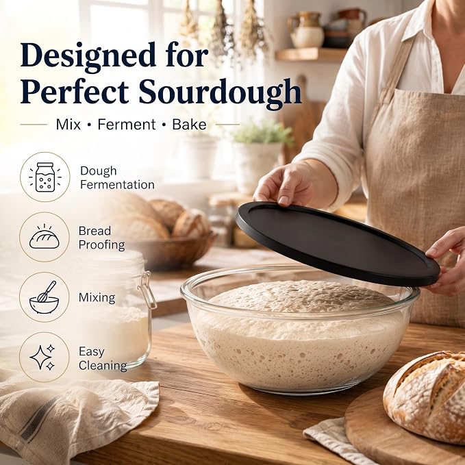 6.2QT Glass Sourdough Proofing Bowl with Lid, Large Mixing Bowl for Bread Dough Fermentation, Clear Borosilicate Glass Bowl for Baking, Salad, Meal Prep & Food Storage