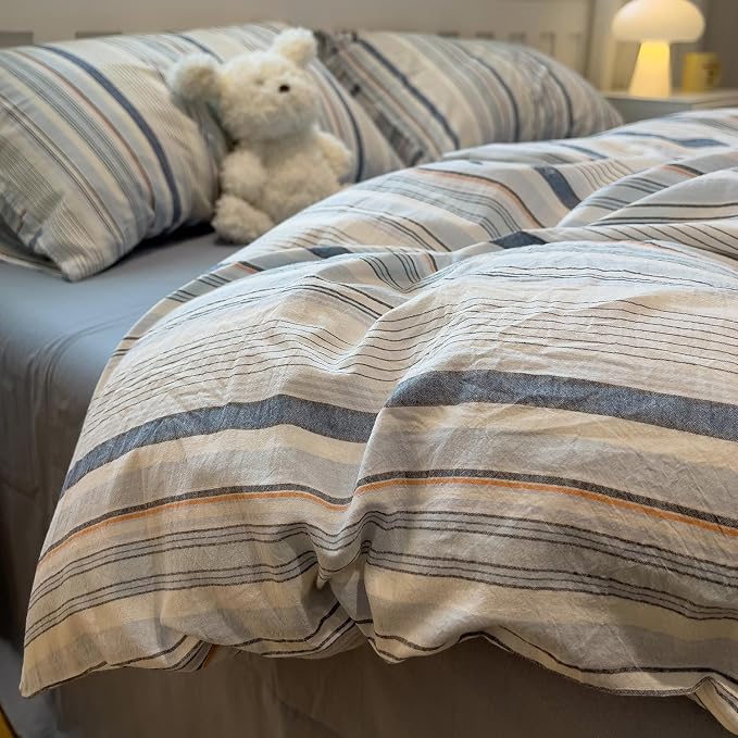mixinni Vintage Blue and White Striped Duvet Cover Set Twin Size - 100% Washed Cotton 3 Piece Bedding Set with Geometric Pattern, Soft Breathable Comforter Cover with Zipper Closure & Corner Ties
