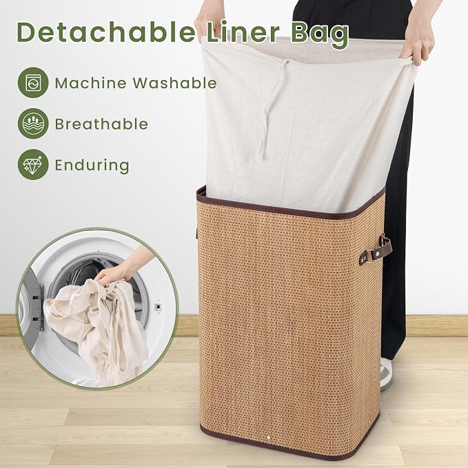 Byroce Bamboo Laundry Basket, Collapsible Laundry Hamper with Lid, Removable Liner & Handles, Dirty Clothes Toys Storage Bin for Laundry Room, Bedroom, Bathroom (Bamboo)