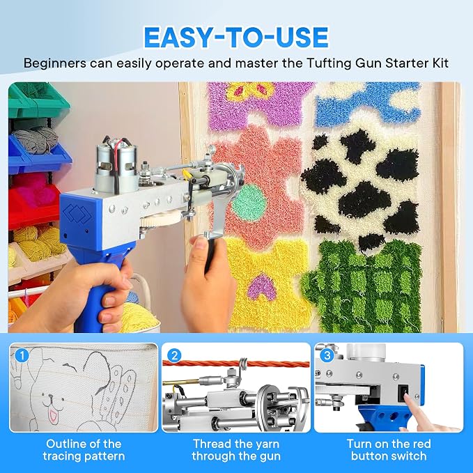 Vehipa Rug Tufting Gun with Carpet Trimmer Kit - 2 in 1 Cut Loop Pile Tufting Gun with Tufting Shears, Tufting Cloth, Yarn, Brushes, Scrapers for DIY Rug Making