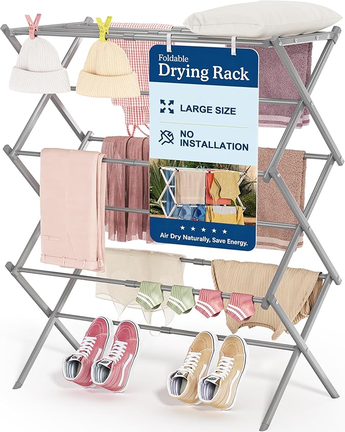 APEXCHASER Oversize Clothes Drying Rack, 3-Tier Drying Rack Clothing, Expandable Metal Laundry Drying Rack, Air Drying Rack, Clothes Rack, No Install, 24lb Capacity, 14.9" D x 29.3" W x 39.3" H, Grey