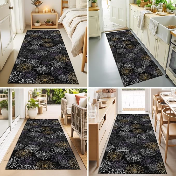 Hallway Runner Rug 2'x6', Black Halloween Washable Bathroom Area Rugs for Kitchen Bedroom Laundry, Purple White Yellow Net Classic Black Non Slip Door Mat Indoor Entrance Floor Throw Bedsides Carpet