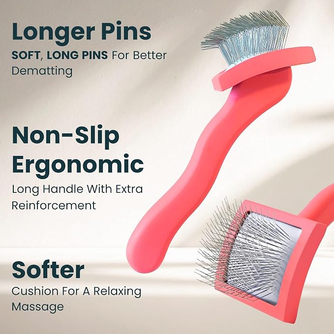 Slicker Brush for Dogs - Long Pin for Poodles, Doodles & Long Haired Dogs, Deshedding & Dematting Tool, Slicker Dog Brushes for Grooming (Coral, Curved Small)