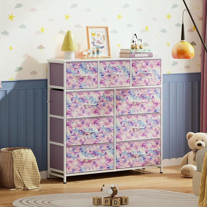 WLIVE 9 Drawer Dresser, Fabric Storage Tower for Bedroom, Hallway, Closet, Tall Chest Organizer Unit for Bedroom with Fabric Bins, Steel Frame, Wood Top, Tie-dye Print (Pink, Purple, Blue)