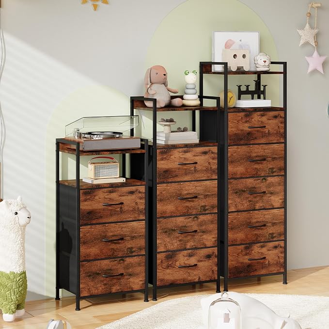Somdot Nightstand with 3 Drawers, Dresser with Fabric Bins for Bedroom, Hallway, Entryway, Night Stand Bedside Table Furniture, Sturdy Steel Frame, Wooden Top, Easy Pull Fabric Bins, Wood Grain Print