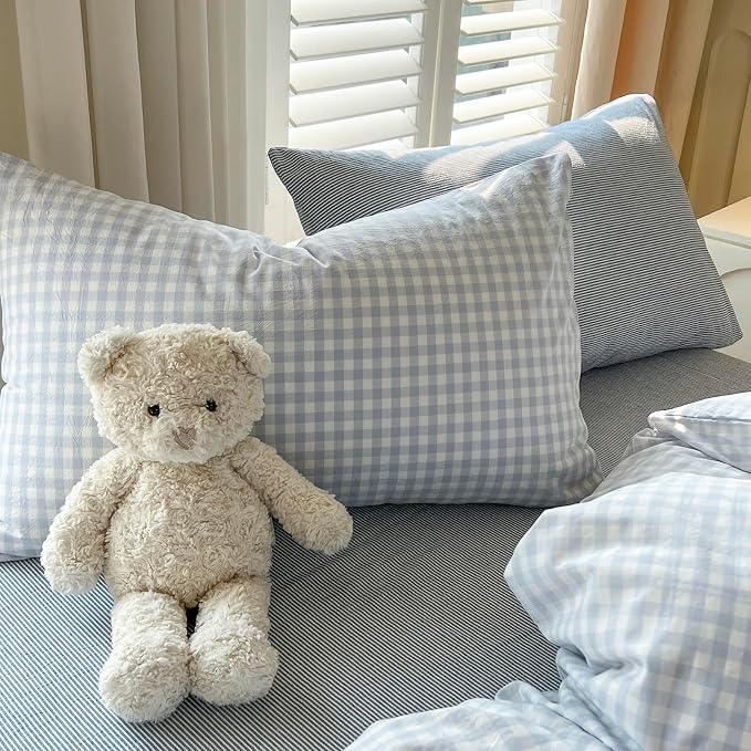mixinni Light Blue Gingham Duvet Cover Set Twin Size - 100% Washed Cotton 3 Piece Plaid Checkered Bedding Set, Soft Comfy Grid Farmhouse Comforter Cover with Zipper Closure & Corner Ties