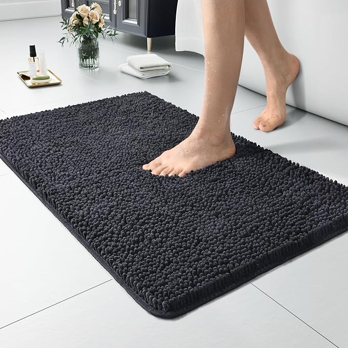 LOCHAS Luxury Bathroom Rug Shaggy Bath Mat 24 x 17 Inch, Dark Grey | Washable Non Slip Bath Rugs for Bathroom Shower, Soft Plush Chenille Absorbent Carpets