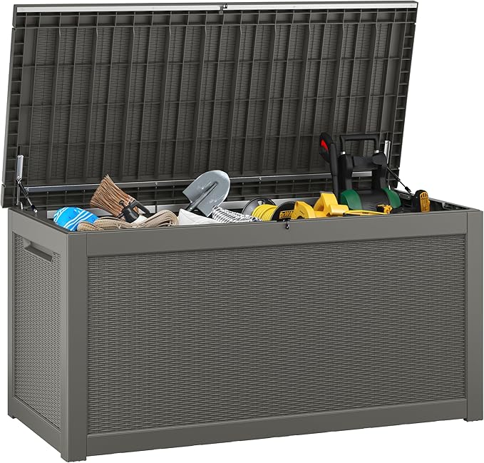 320 Gallon Outdoor Storage Box, Resin Deck Boxes Indoor and outdoor, Waterproof Storage Box Lockable Lid for Garden Tools, Package Delivery, Patio Cushions, Grey
