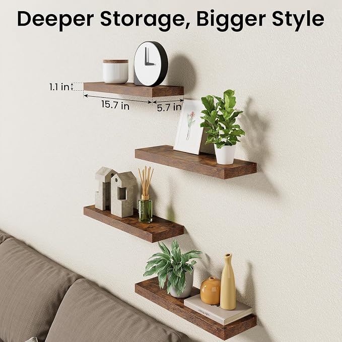 BAYKA Floating Shelves for Wall, 15.7in Wall Mounted Rustic Wood Shelves for Bathroom, Bedroom, Living Room, Kitchen, Hanging Shelf for Storage/Room Decor with 22lbs Capacity (Rustic Brown, Set of 4)