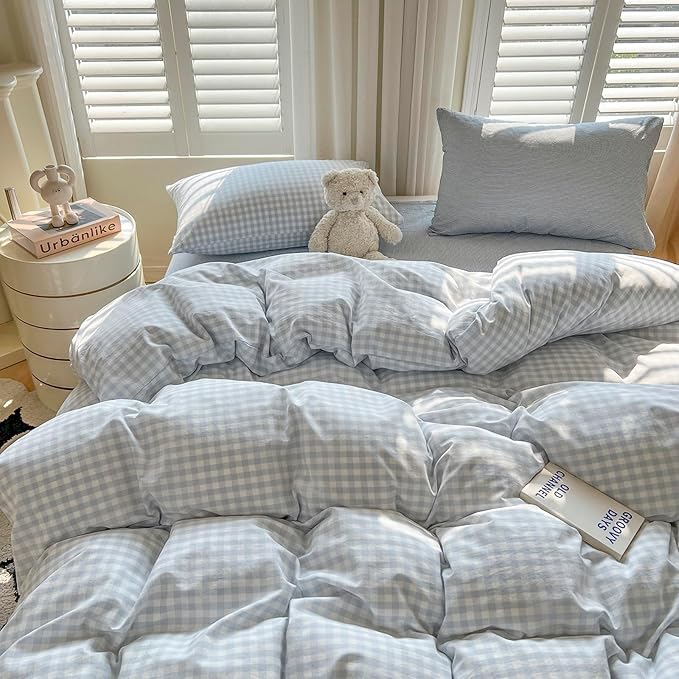 mixinni Light Blue Gingham Duvet Cover Set Twin Size - 100% Washed Cotton 3 Piece Plaid Checkered Bedding Set, Soft Comfy Grid Farmhouse Comforter Cover with Zipper Closure & Corner Ties