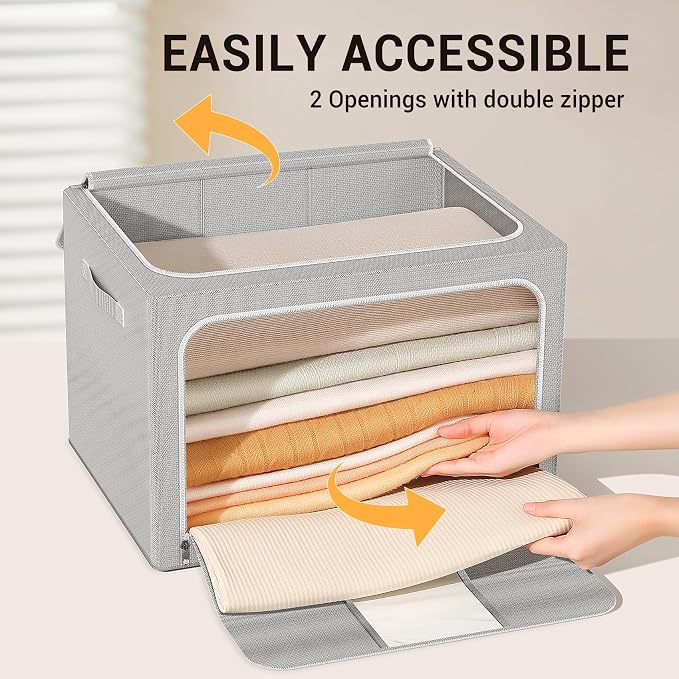 Clothes Storage Bins with Metal Frame Foldable Storage Box Clothes Organizers Storage Containers for Clothes Sheets Blankets Books Toys Gifts and Holiday Decorations (66Lx3 Pack)