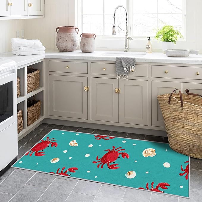 3x8 Kids Crab Runner Rug for Hallway, Washable Marine Life Rug Runner Non Slip, Nautical Seashell Home Decor Carpet for Kitchen, Bedroom, Entryway, Laundry Room, Ultra Thin Soft H265