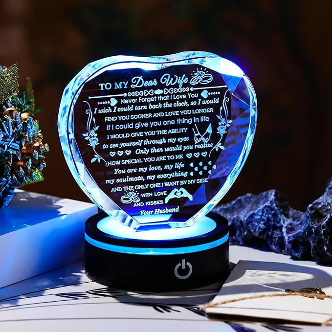 Arikyrist Gifts for Wife with Colorful LED Base Romantic Wife Anniversary Birthday Gift Ideas Crystal Heart to My Wife Gifts from Husband on Valentine's Day Christmas Mother's Day