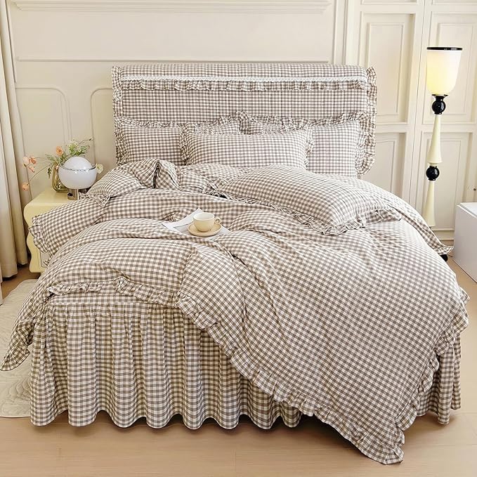 mixinni Tan Gingham Ruffle Duvet Cover Queen Size 3 Pieces – 100% Washed Cotton, Vintage Plaid Ruffled Bedding Set with Zipper Ties, Soft Cream Checkered Grid Farmhouse Chic Comforter Cover Set