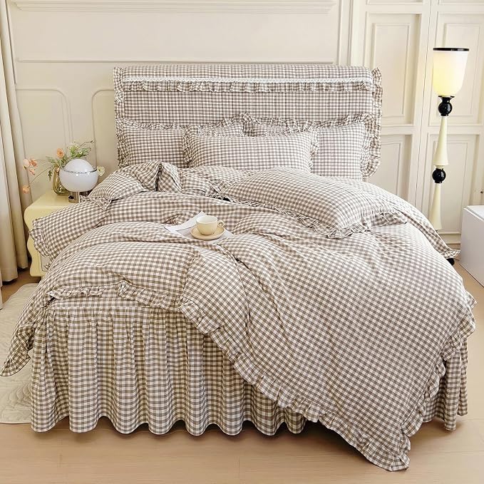 mixinni Tan Gingham Ruffle Duvet Cover Full Size 3 Pieces – 100% Washed Cotton, Vintage Plaid Ruffled Bedding Set with Zipper Ties, Soft Cream Checkered Grid Farmhouse Chic Comforter Cover Set