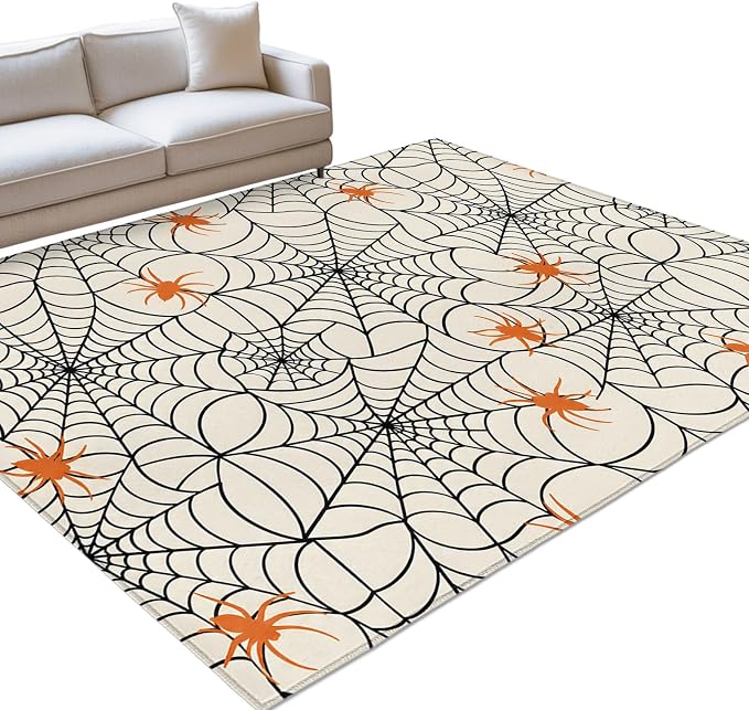 Area Rug 3'x5', Halloween Washable Large Area Rugs for Kitchen Bedroom Laundry Bathroom Office, Orange Black Net Classic Spiders Gingham Non Slip Door Mat Indoor Entryway Floor Accent Throw Carpet