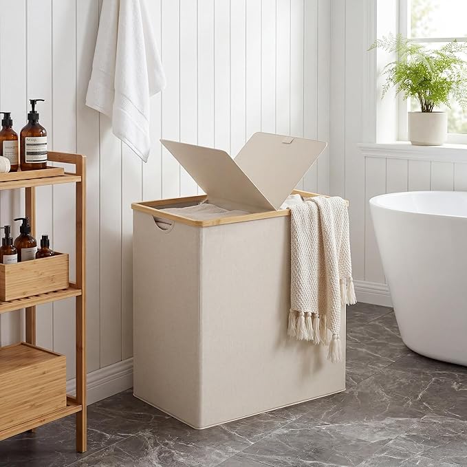 efluky Laundry Hamper with Lid, Double Laundry Basket with 2 Removable Bags, 2 Section Laundry Bin with Bamboo Handles for Bathroom, Bedroom & Laundry Room, 140L (36.9 Gallon) Beige