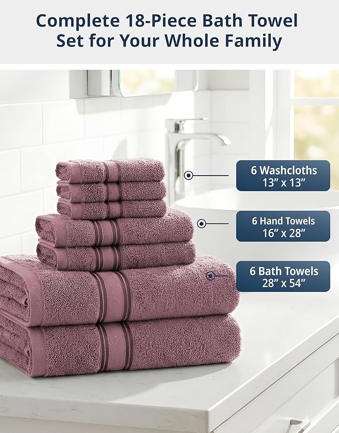 LANE LINEN Premium Bath Towel Set of 18 – 100% Cotton, 6 Large Bath Towel, 6 Handtowels & 6 Washcloths, Zero Twist, Ultra Soft & Durable, Quick-Dry, Ideal for Spa, Hotel & Everyday Use – Wishful Mauve