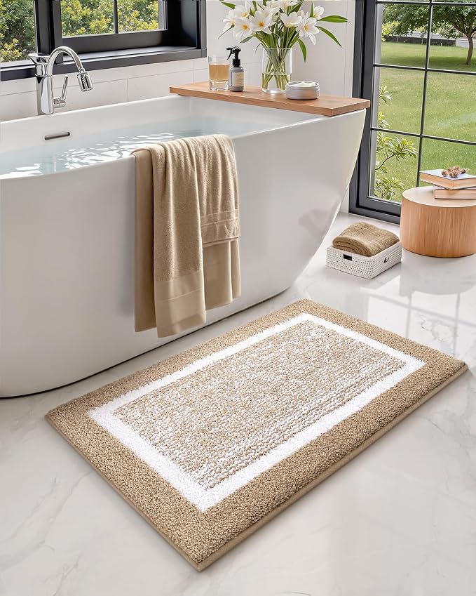 Color&Geometry Simple and Stylish Large Bath Mats for Bathroom Non Slip, 20"x32" Khaki Bathroom Rugs, Absorbent, Soft, Washable, Microfiber Shower Mat