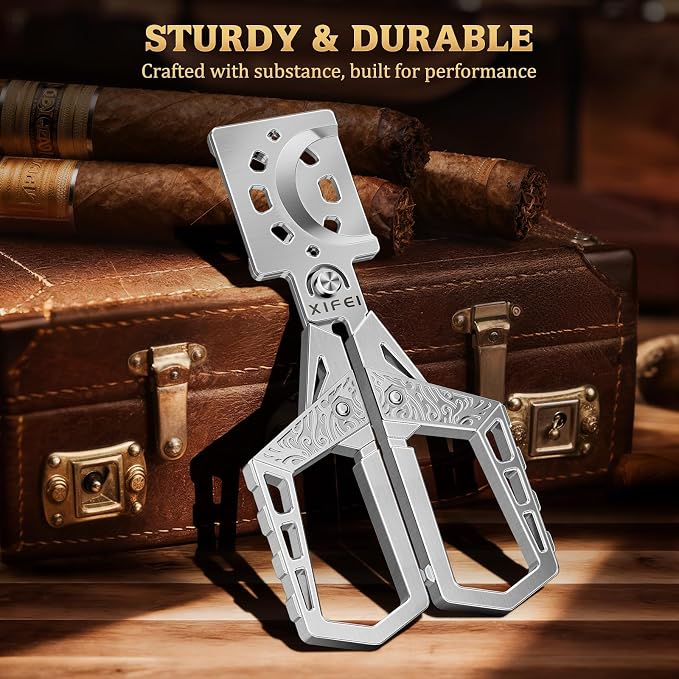 XIFEI Cigar Cutter, Stainless Steel Double Blade Guillotine Straight Cut Scissors Cutter for Cigars, Hand-Held Cigar Tool and Accessory Gift for Men (Silver)