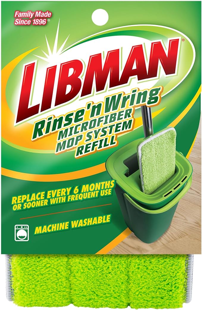 Libman Rinse 'n Wring Mop and Bucket System Refills | Microfiber Floor Mop | Hardwood Floor Cleaner | Wet & Dry Mop | 6 Total Microfiber Refill Pads