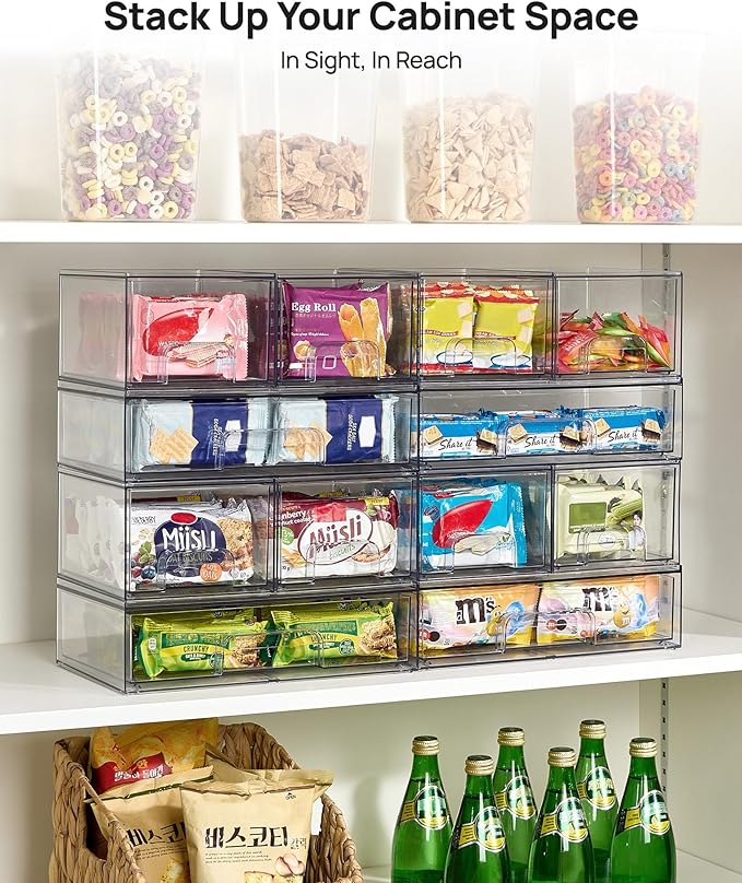 Vtopmart Stackable Storage Drawers Set of 4, Clear Plastic Organizer Bins for Bathroom Supplies,Ideal for Cabinet,Pantry,Laundry Room Organization