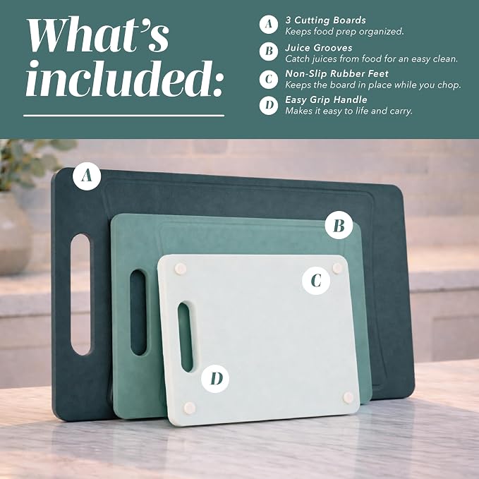 COOK WITH COLOR Non-Slip Cutting Board Set – Kitchen Essentials with Easy Grip Handle for Meat, Veggies, and Fruits, 3 Cutting Boards, Teal
