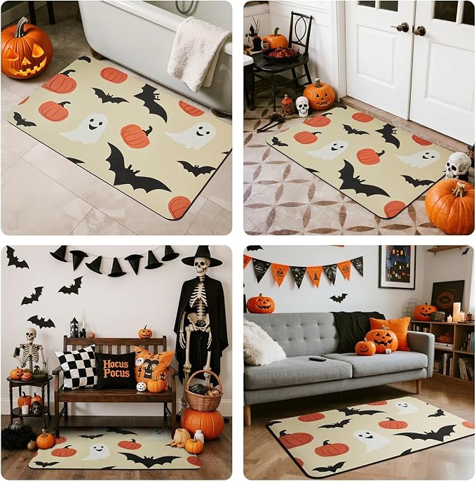 TYUU Halloween Bath Mat, Thin Bathroom Rug Non Slip Quick Dry Pumpkin Bath Mat Fits Under Door Thin Floor Mat Halloween Decor, 17''x30'', Pumpkins Bats and Ghost