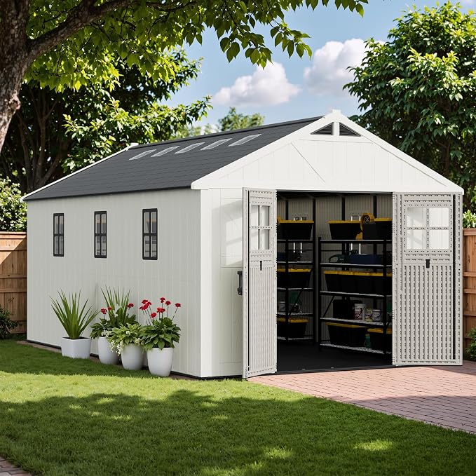 Greesum 10X16FT Plastic Outdoor Storage Shed with Floor and Lockable Door, Resin Sheds with 7-Windows and Multiple Skylights, HDPE Kick-it Shed for Garden, Patio, Backyard, Beige