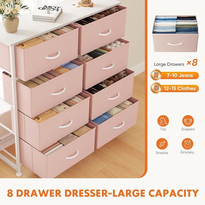 Sweetcrispy 8 Drawer Fabric Dresser for Bedroom, Tall Dresser, Pink | Sturdy Chest of Drawers, Steel Frame and Wooden Top, Closet Living Room Storage Organizer with Easy Pull Handles
