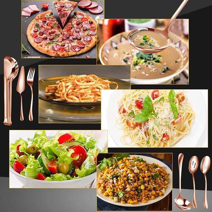 Thenshop 30 Pcs Serving Utensils Set Stainless Steel Flatware Serving Set Include Large Spoons Slotted Spoons Forks Soup Ladle Pie Server and Tongs for Buffet Catering Party Restaurant(Rose Gold)